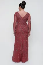 Front Back V Neck Sleeves Tulle Lined Stoned Long Plus Size Dress