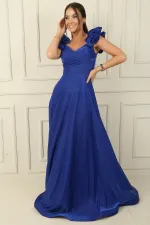 Düşük Volan Kol Drapeli Astarlı Simli Uzun Elbise