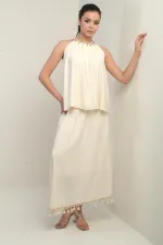 Women's Beaded Halter Neck Blouse and Elasticated Waist Lined Tassel Skirt 2-Piece Set
