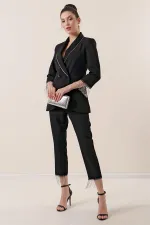 Yaka Ve Kol uçları Taş Zincir Detaylı Astarlı Ceket Cepli Pantolon 2'li Takım