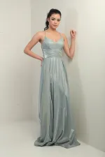 İp Askılı Astarlı Simli Uzun Abiye Elbise