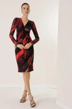 Lined Patterned Tulle Dress with Knot Detail at the Front