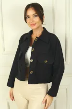 Manteau court en cachemire pour femme avec poches plaquées boutonnées