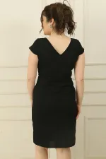 Front and Back V-Neck Lined Half-Moon Sleeved Plus Size Dress with Stone and Bead Details