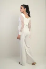 Women's Sweetheart Neckline Long Tulle Sleeved Belted Palazzo Crepe Jumpsuit