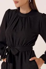 Beli Kuşaklı Yandan Cepli Keten Efekt Uzun Elbise