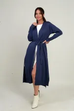 Women's Long Cardigan with Button Detailed Sleeves, Pockets and Side Slits