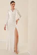 Double-breasted Collar, Feathered Sleeves, Pleated Front, Lined Crystal Fabric Long Dress
