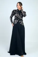 Kolları Büzgülü Güllü KEmer Detaylı Astarlı Üstü Yaldızlı Şifon Elbise