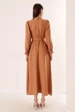 Beli Kuşaklı Yandan Cepli Keten Efekt Uzun Elbise