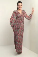 Robe longue en mousseline plissée à col en V doublée et à motifs floraux pour femme