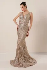 Thick Strap Ghost Tulle Lined Glittery Long Dress