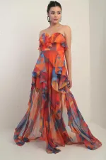 Kadın Straplez Astarlı Büyük Çiçekli Volanlı Şifon Uzun Elbise