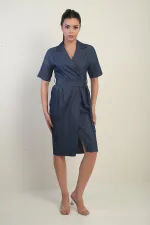 Women's Short Lycell Denim Dress with Jacket Collar, Belted Waist, and Pockets