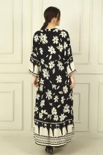 Women's Half-Front Floral Patterned Ruffled Oversize Long Dress