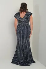 Kadın Ön Arka V Yaka Taş Baskılı Astarlı Büyük Beden Balık Elbise