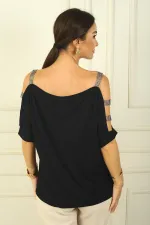 Women's Sleeve Stone Trimmed Neckline Relaxed Fit Blouse