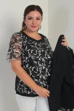 Pullu Krep İçi Kısa Kollu Bluz Ceket Büyük Beden 2'li Takım