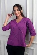 Chemisier à paillettes à col en V et manches courtes pour femme, orné de motifs en losanges