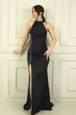 Women's Halter Neck Lined Long Satin Dress with Gathered Front and Stone Embellishments