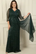 V Yaka File Kumaş Üstü Şifon B.Beden Elbise