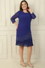 Plus Size Crepe Dress with Chiffon Pleated Sleeves and Stone Detail on the Hem