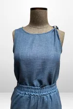 Kadın  Toka Detaylı Eteği Asimetrik Bluz Beli Lastikli Cepli Palazzo Pantolon Keten 2'li Takım