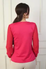 Kadın Merdiven V Yaka Kolları Şifon Kazak