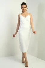 Kadın İp Askılı Önü Şerit Taş Detaylı Midi Krep Elbise