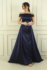 Kadın Madonna Yaka Önü Büzgülü Astarlı Pelerinli Saten Uzun Elbise