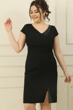 Front and Back V-Neck Lined Half-Moon Sleeved Plus Size Dress with Stone and Bead Details