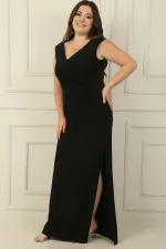 Wrap Neckline, Front Knot Detail, Lined, Slit, Plus Size Lycra Long Dress