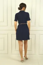 Button-front, short-sleeved, belted A-line pleated dress