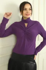 Kadın Önü Pencereli Düğüm Detaylı Likralı Bluz