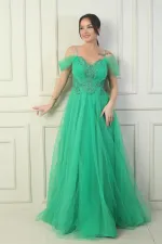 Robe de soirée princesse pour femme, décolleté en V devant et dos, manches tombantes doublées et broderie appliquée sur le haut