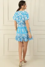 V-Neck Elastic Waist Floral Dress with Flounce Skirt and Pocket