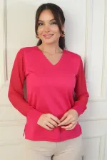 Kadın Merdiven V Yaka Kolları Şifon Kazak