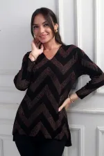 Chemisier à paillettes à col en V pour femme, à motifs zigzag, grande taille et à volants espacés