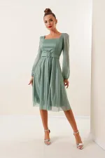 Square Neck, Belted, Balloon Sleeve, Lined, Glittery Dress