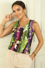 V-Neck, Front Gathered, Lycra, Colorful Blouse