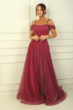 Strappy, Dropped Sleeve, Beaded Detail, Lined, Glittery Long Dress