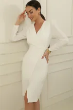 Wrap Dress with One Neck, Beaded Detail, and Half Lining