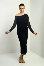 Kadın Kristal Tül Kollu Beli Büzgülü Uzun Elbise