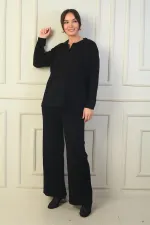 Pull à col polo, pantalon palazzo à taille élastiquée, ensemble 2 pièces en maille