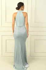 Women's Neck Front Pleated Glittery Lined Dress