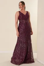 Robe longue à sequins grande taille pour femme, col en V, doublure, détails perlés