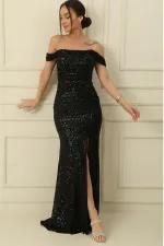 Thick-strapped, lined, ruched front sequined long dress