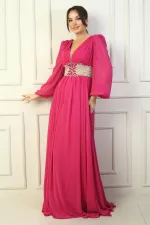 Robe de soirée longue en mousseline de soie avec col en V et doublure brodée pour femme