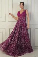 Kadın Ön Arka V Yaka Göğüs Pliseli Arkadan Bağcıklı Astarlı Sim Flok Baskı Uzun Abiye Elbise