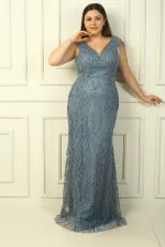 Kadın Omzu Püsküllü Astarlı Boncuk Ve Taşlı Büyük Beden Uzun Elbise